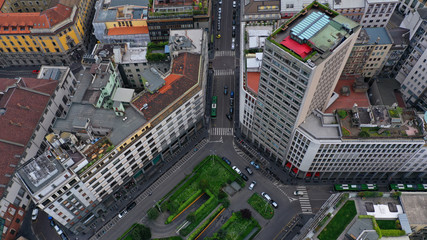 Fototapeta premium Aerial drone photo of iconic medieval Castle of Sforza or Castello Sforzesco and beautiful Sempione park in the heart of Milan, Italy