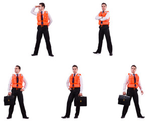 Man in life-jacket isolated on white 