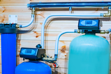 Water purification system in the house. Water filtration. Plumbing with filters. Drinking water....