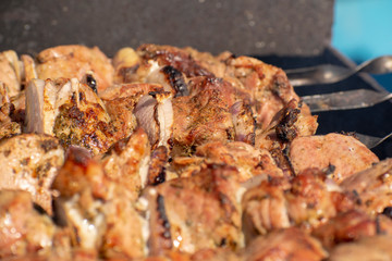 A delicious pork barbecue (BBQ) with onion expires juice on the coals.