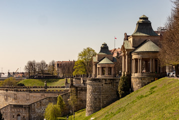 Fototapeta na wymiar Historical city views with churches, castles and other old buildings at blue sky, Poland, Szczecin