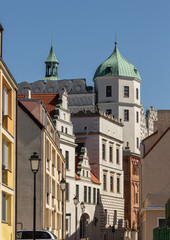 Fototapeta na wymiar Historical city views with churches, castles and other old buildings at blue sky, Poland, Szczecin