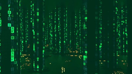 Rain of green computer code in cyberspace. Futuristic information technologies concept. Seamless loop 3D render animation with DOF