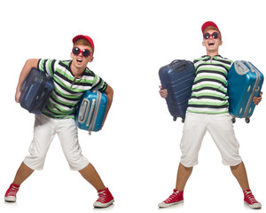 Young man with suitcase isolated on white 