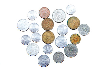 Old, invalid coins from Germany  isolated on a white background. 
