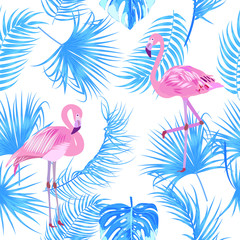 Fototapeta premium Tropical blue palm leaves, jungle, flamingo,seamless pattern