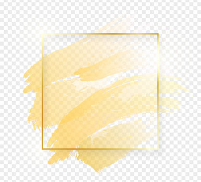 Gold shiny glowing square frame with golden brush strokes isolated on transparent background. Golden luxury line border for invitation, card, sale, fashion, wedding, photo etc. Vector illustration