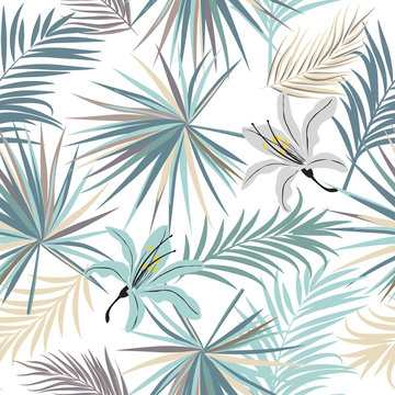 Tropical vector seamless pattern on white background.
