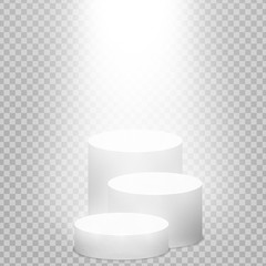 Round pedestal sanctified with light. Empty white podium illuminated mockup isolated on transparent background. Champion, first place, award, win, winner, award stair concept design. Vector
