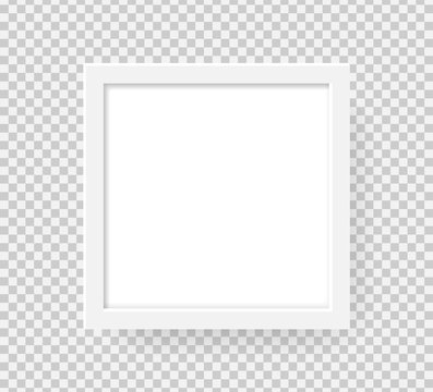 Realistic square picture frame isolated on transparent background. Blank white picture frame mockup template. Photo frame pattern. Modern advertise mockup. Vector illustration