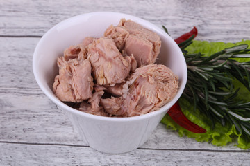 Tasty canned tuna fish in the bowl