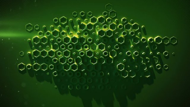 Green wall with various hexagon shapes. Computer generated motion graphics. 3D render seamless loop smooth animation 4k UHD 3840x2160