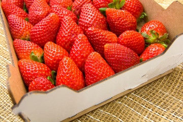 Fresh juicy strawberries on a canvas. Close-up view photography.