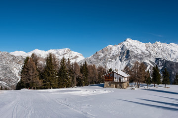 Fototapeta na wymiar Valdidentro Valtellina Italy Winter. Skiing resort Cima Piazzi/San Colombano, Alps.