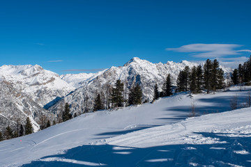 Fototapeta na wymiar Valdidentro Valtellina Italy Winter. Skiing resort Cima Piazzi/San Colombano, Alps, ski slope.