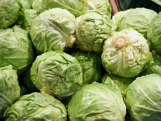 Fototapeta premium fresh cabbage at the supermarket kiosk. Fresh cabbage on display in the grocery store. cabbage on the shelves in the usual market.