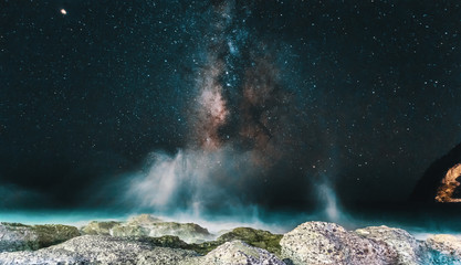 The nucleus of the Milky Way in the spray of sea waves.