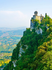 View of the Cesta tower located on the peak of Monte Titano in San Marino. The country is situated inside Italy and the fifth smallest country in the world.