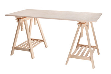 work table, wooden plywood shelf on two trestles, isolated on white background, 3d rendering image