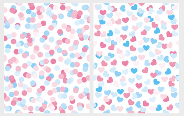 Set of 2 Abstract Seamless Irregular Vector Patterns with Dots and Hearts on a White Background. Blue and Pink Doted Design. Funny Romantic Layout. Blue and Pink Confetti Rain of Dot and Heart Shape.