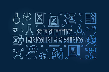 Fototapeta na wymiar Genetic Engineering vector blue outline horizontal biotechnology illustration on dark background