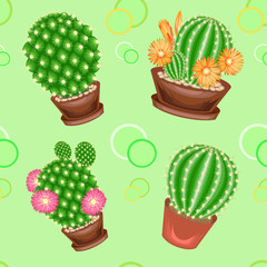 Cacti in pots on a green background. A fancy pattern. Suitable as wallpaper on, as a background for packaging products. Creates a cheerful mood. Vector illustration