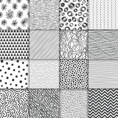 Abstract hand drawn geometric simple minimalistic seamless patterns set. Polka dot, stripes, waves, random symbols textures. Vector illustration