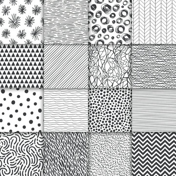 Abstract hand drawn geometric simple minimalistic seamless patterns set. Polka dot, stripes, waves, random symbols textures. Vector illustration
