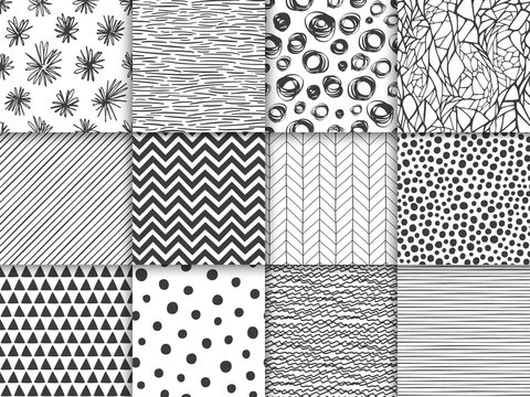 Abstract hand drawn geometric simple minimalistic seamless patterns set. Polka dot, stripes, waves, random symbols textures. Vector illustration