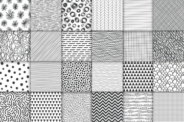 Abstract hand drawn geometric simple minimalistic seamless patterns set. Polka dot, stripes, waves, random symbols textures. Vector illustration - 264998397