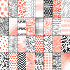 Abstract hand drawn geometric simple minimalistic seamless patterns set. Polka dot, stripes, waves, random symbols textures. Vector illustration