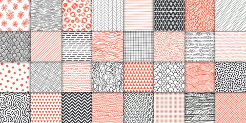 Fototapeten Abstract hand drawn geometric simple minimalistic seamless patterns set. Polka dot, stripes, waves, random symbols textures. Vector illustration © irenemuse