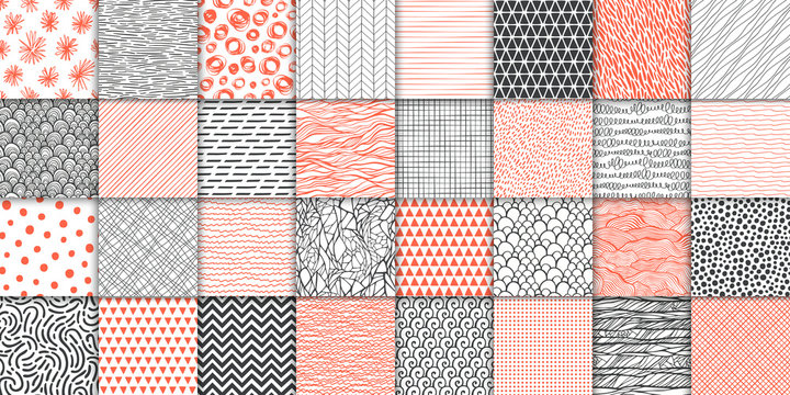 Abstract hand drawn geometric simple minimalistic seamless patterns set. Polka dot, stripes, waves, random symbols textures. Vector illustration