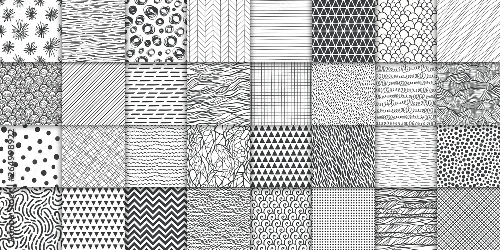 Wall mural abstract hand drawn geometric simple minimalistic seamless patterns set. polka dot, stripes, waves, 