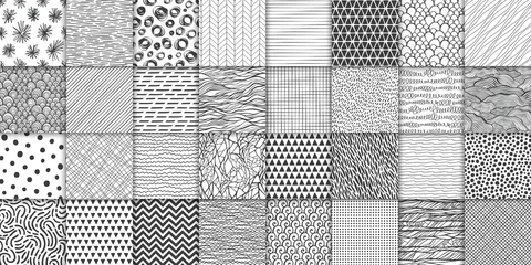 Fototapeten Abstrakte handgezeichnete geometrische einfache minimalistische nahtlose Muster eingestellt. Tupfen, Streifen, Wellen, zufällige Symboltexturen. Vektor-Illustration © irenemuse