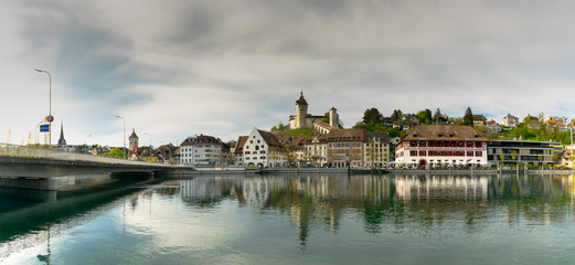 Fototapeta na wymiar view of the city of Schaffhausen with the bridge across the Rhine and city limits sign