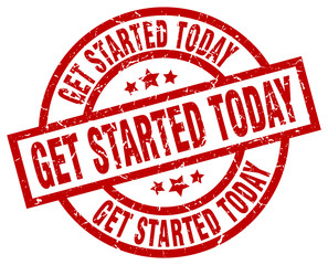 get started today round red grunge stamp