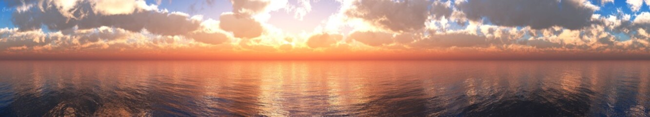 beautiful panorama of the sea sunset, the sun among the clouds above the ocean surface