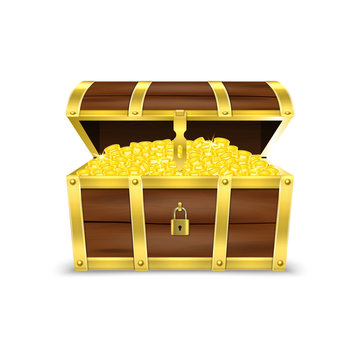 Vector 3d Realistic Opened Retro Vintage Antique Old Treasure Wooden Pirate Dower Chest with Glow Gold Coins Closeup Isolated on White Background. Design Template for Web, Apps, Game. Winner Concept
