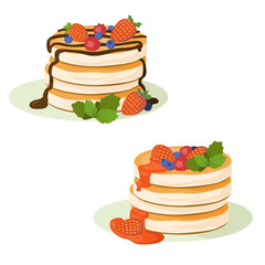 Pancakes vector illustration. Pancakes with berries and berry jam, chocolate and berry pancakes.
