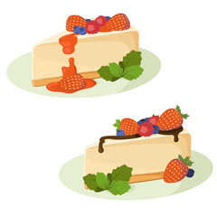 Cheesecakes vector illustration. Cheesecake with berries and berry jam, chocolate and berry cheesecake.