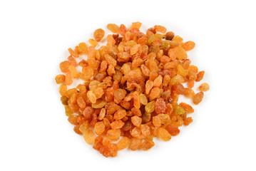 Golden raisins isolated on white background.