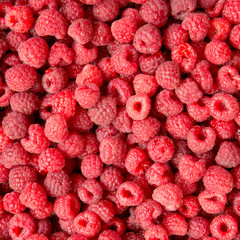 Fresh raspberries, top view. Flat lay, overhead, from above.