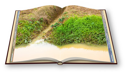 Full water ditch in a field after torrential rain -  3D render of an opened photo book