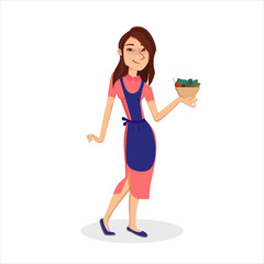 Smiling young Woman in apron holding plate with vegetable salad. Isolated cartoon style character vector illustration