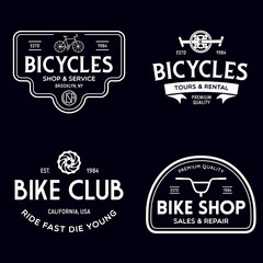 Set of vintage and modern bike shop logo badges and labels. Cycle wheel isolated vector. Old style bicycle shop and repair logotypes.