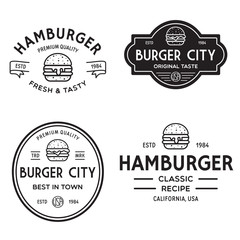 Fototapeta premium Set of badges, banner, labels and logo for hamburger, burger shop. Simple and minimal design. Vector illustration.