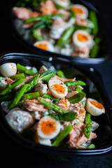 Salmon salad, asparagus, quail egg, new potatoes, dressing