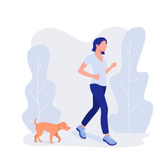 Woman and dog run. Healthy lifestyle, working out, exercising.