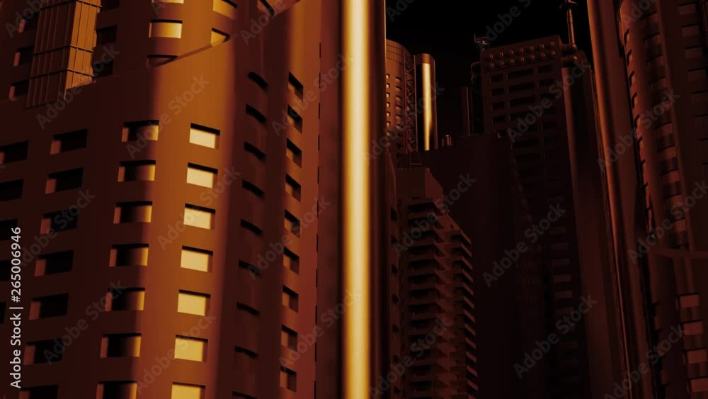 Poster 3d render of big buidings with camera that has loopable rotation animation around center. skyscraper